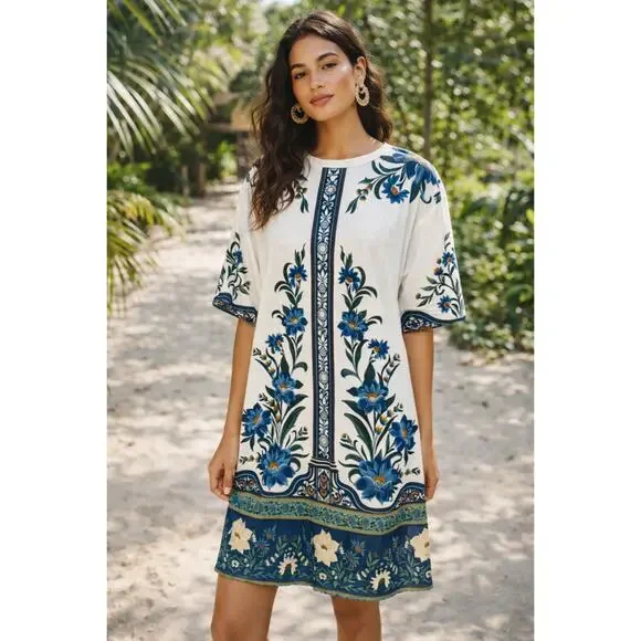 Farm Rio Brazil blue botanical floral t-shirt dress M cottagecore vacation (M) - Picture 1 of 9
